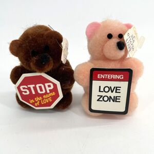 VTG Craftmart Mini Bears Lot of 2 Plush Brown Pink Stop Love Zone Signs 3" TAGS
